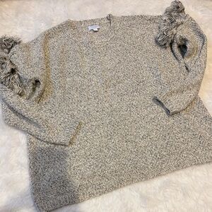 Mud Pie Heather Cream/Gray Sweater with Fringe Accents